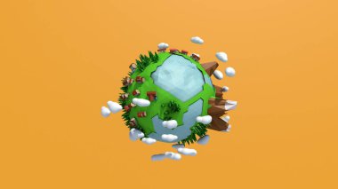 Turuncu arka plan üzerinde bulutlar ve şehir ile 3d gezegen