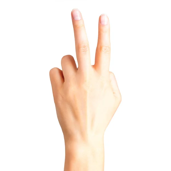 Barış sembolünde iki parmağını gösteren bir kadın eli. — Stok fotoğraf
