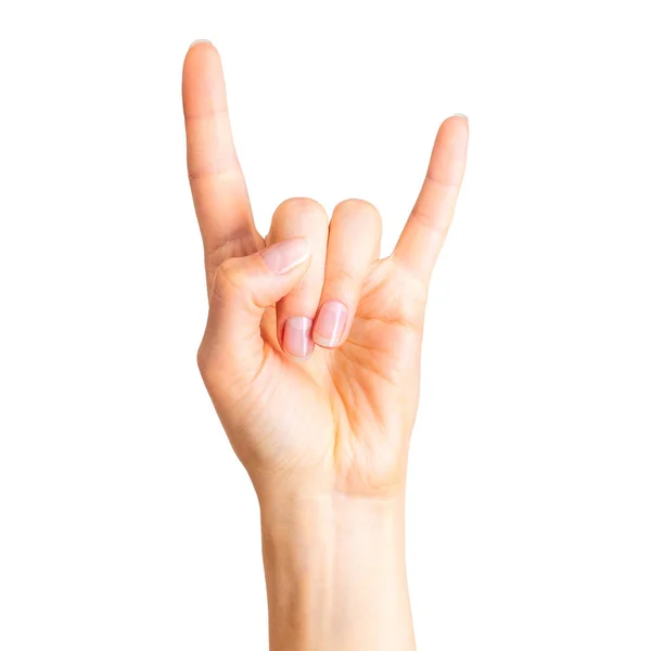 Mano Femenina Mostrando Signo Rock Roll Haciendo Gesto Cuernos Del — Foto de Stock