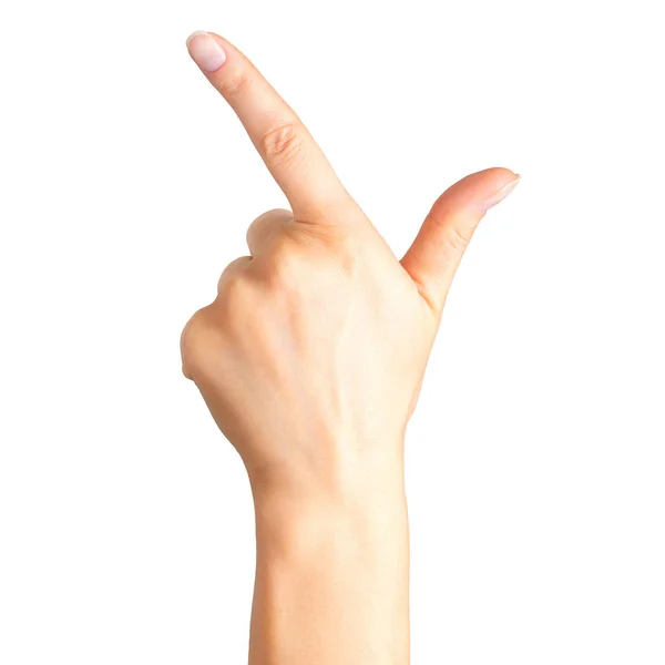 Mão de mulher com o dedo indicador apontando para cima ou mostrando gesto perdedor — Fotografia de Stock