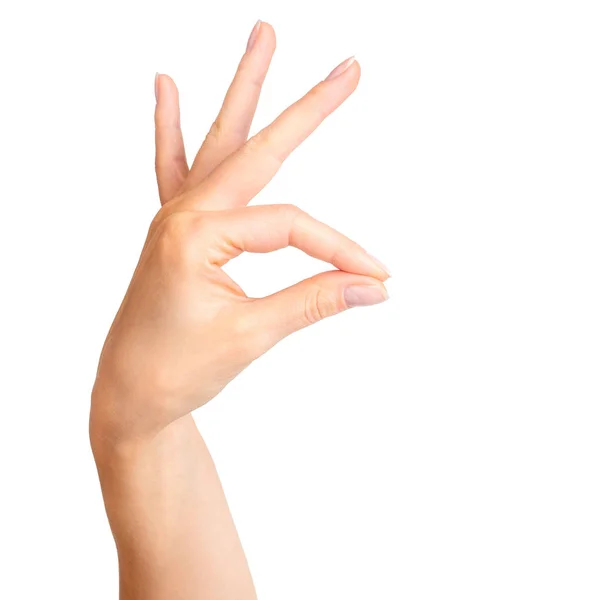 Mulher mão formando óculos ou segurando algo com dois dedos — Fotografia de Stock