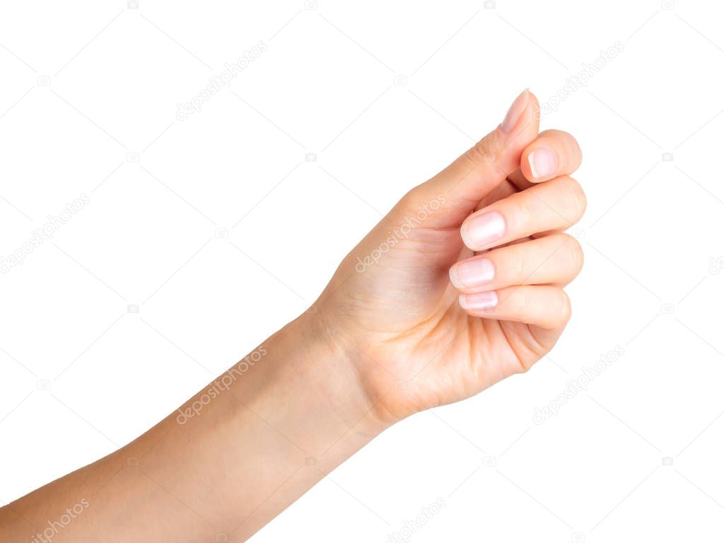 Woman hand holding something with three fingers