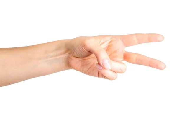 Mano femenina mostrando dos dedos en el símbolo de la paz o tijeras — Foto de Stock