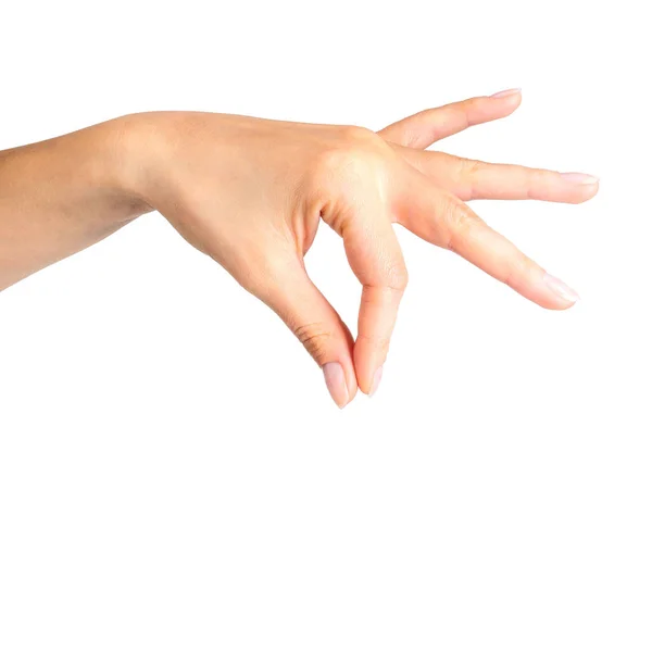 Mulher mão mostrando pegar pose ou segurando — Fotografia de Stock