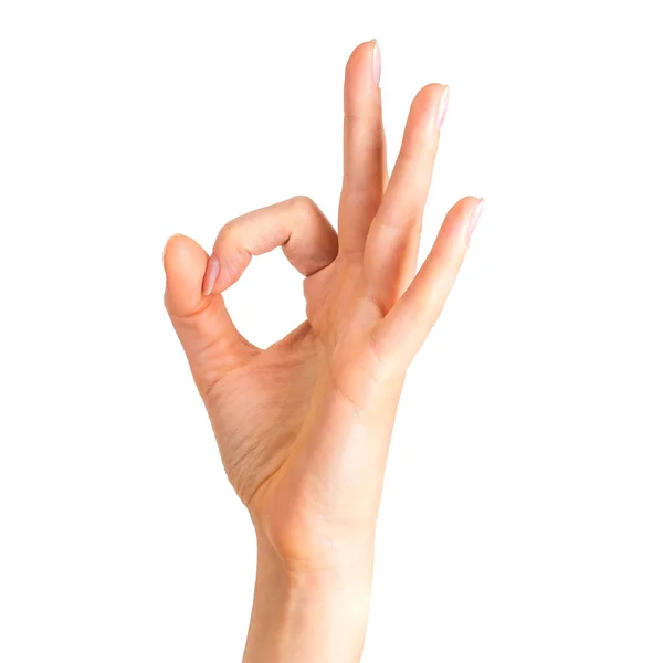 Woman holding hand in gesture of okay or letter O. Sign of success or luck — Stock Photo, Image