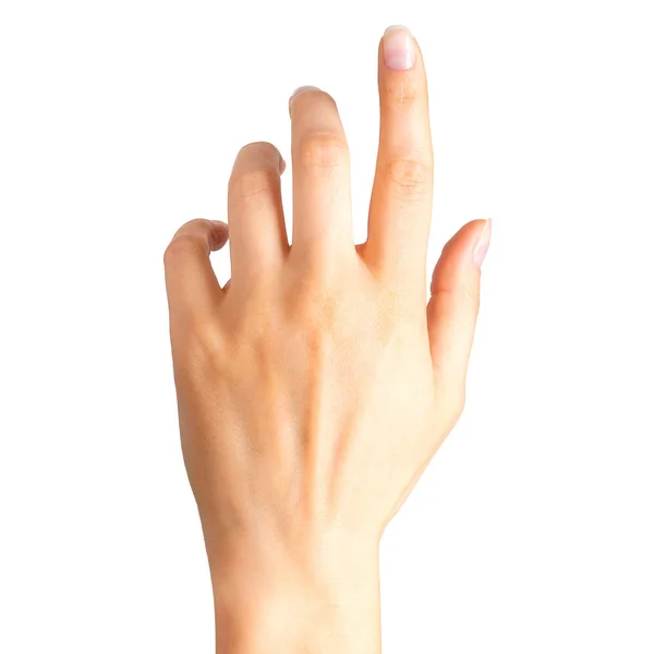 Main de femme avec l'index touchant ou pointant vers quelque chose — Photo