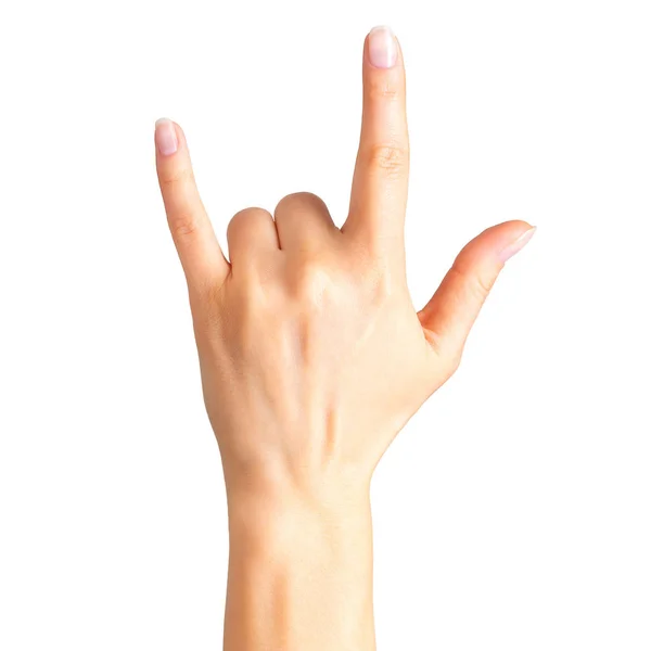 Mano femenina mostrando el signo de rock n roll o dando el gesto cuernos del diablo —  Fotos de Stock