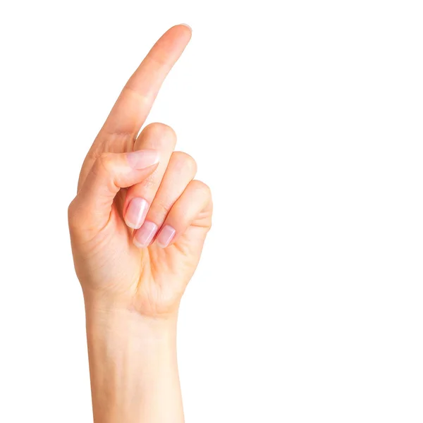 Mano de mujer con el dedo índice hacia arriba — Foto de Stock