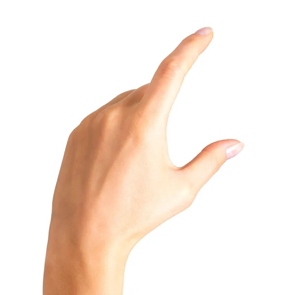 Mujer mano sosteniendo algo pequeño con dos dedos — Foto de Stock