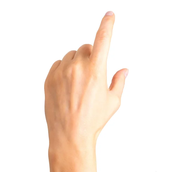 Mano de mujer con el dedo índice tocando o señalando algo — Foto de Stock
