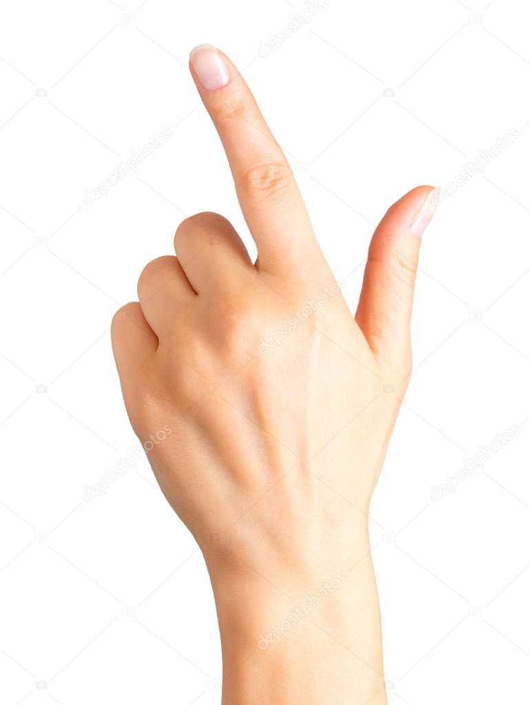 Woman hand with the index finger pointing up
