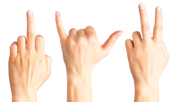 Female hands showing three diferent gestures. Isolated — Stock Photo, Image