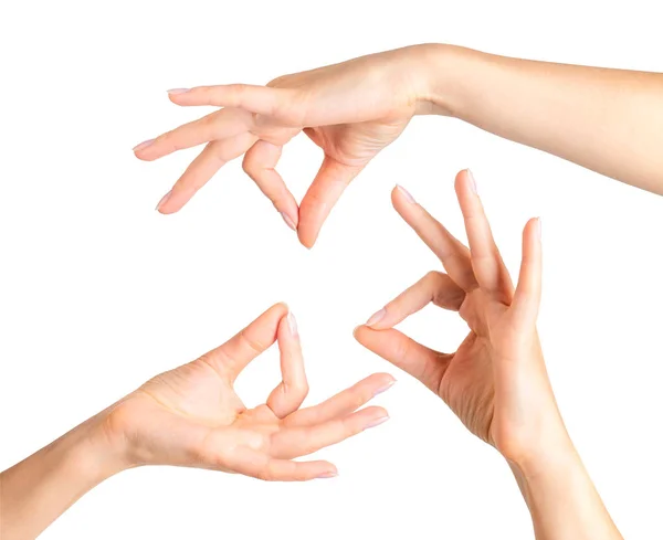 Vrouw hands aanduiding pose afhalen of het bedrijf — Stockfoto