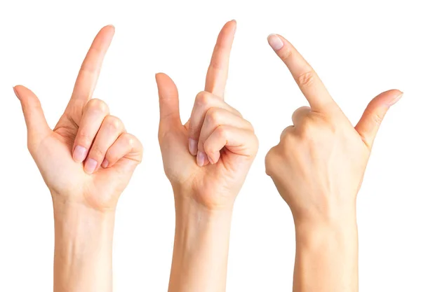 Woman hands with the index finger pointing up — Stock Photo, Image