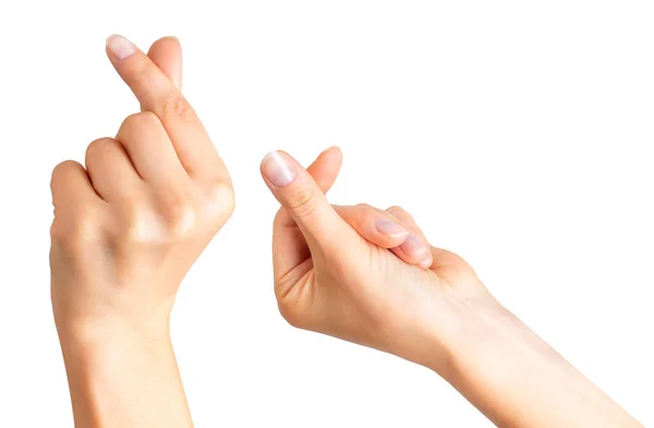 Conjunto de mão mulher segurando algo com dois dedos — Fotografia de Stock