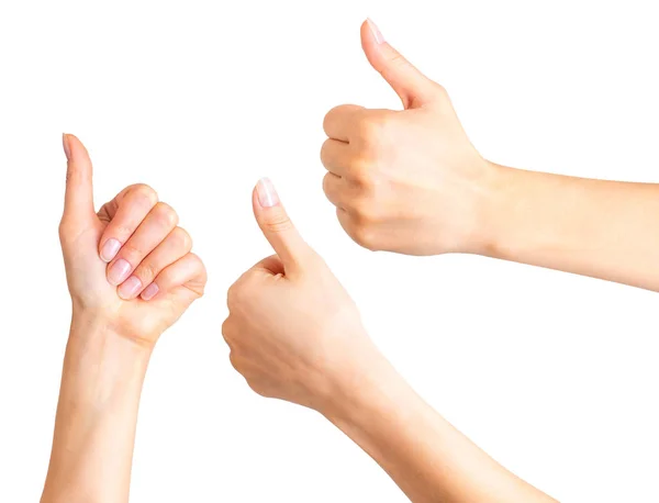 Mujer cogida de la mano en gesto de signo semejante, dando el pulgar hacia arriba — Foto de Stock