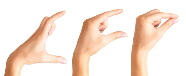 Conjunto de mãos de mulher segurando algo com dois dedos — Fotografia de Stock