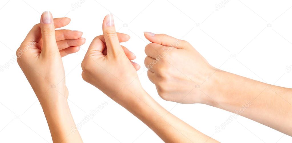 Set of woman hands holding something with two fingers