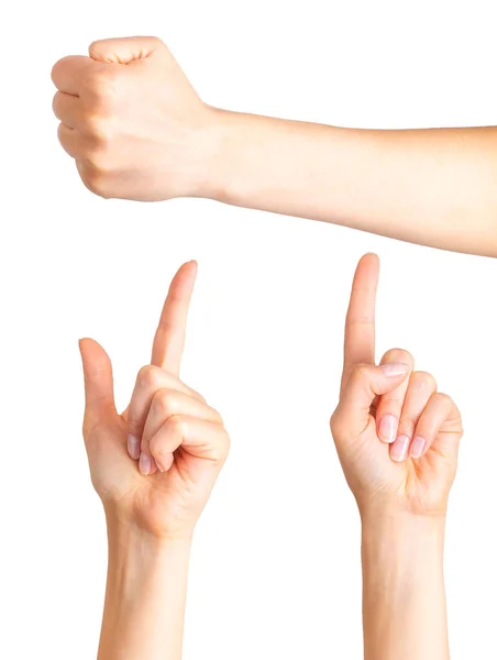 Conjunto de manos de mujer con el dedo hacia arriba y el puño — Foto de Stock