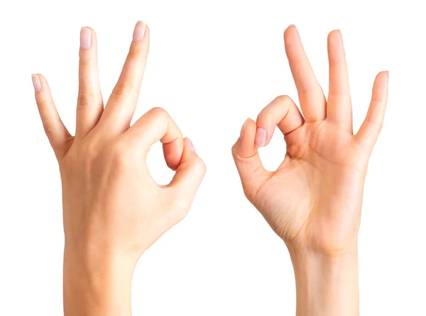 Conjunto de manos de mujer sosteniendo gesto de bien o letra O. Signo de éxito o suerte —  Fotos de Stock