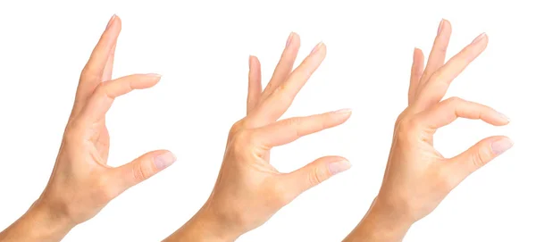 Set di mani di donna che tengono qualcosa con due dita — Foto Stock