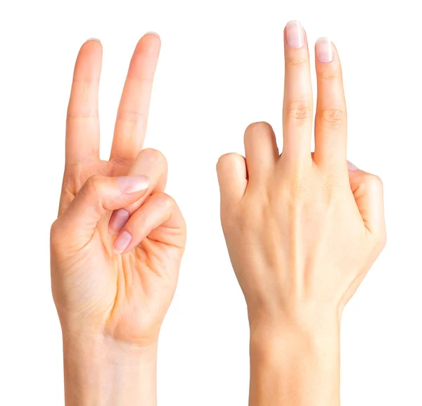 平和のシンボルに2本の指を示す女性の手 — ストック写真