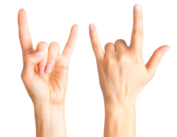 Conjunto de manos de mujer mostrando el signo de rock n roll o dando el gesto cuernos del diablo — Foto de Stock