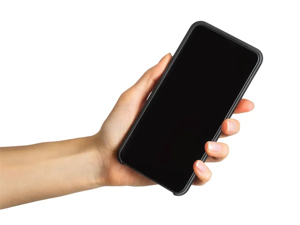 Kadın gösteren siyah smartphone, telefon alışveriş kavramı el