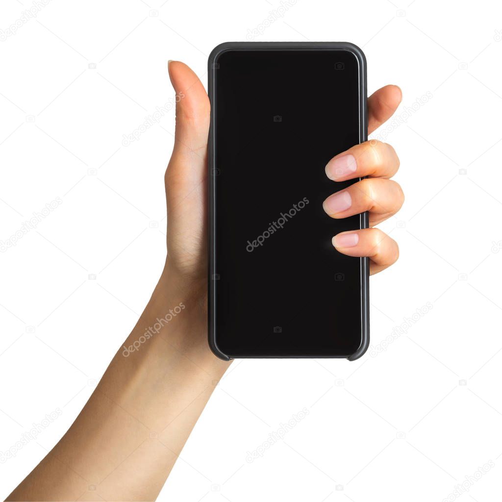 Womens hand showing black smartphone, concept of mobile shopping