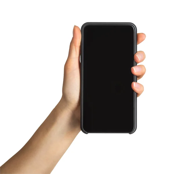 Damskie ręczne wyświetlanie na smartphone, pojęcie mobilne zakupy — Zdjęcie stockowe