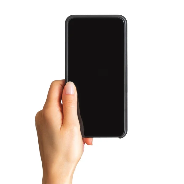 Frauenhand zeigt schwarzes Smartphone, Konzept zum Fotografieren — Stockfoto