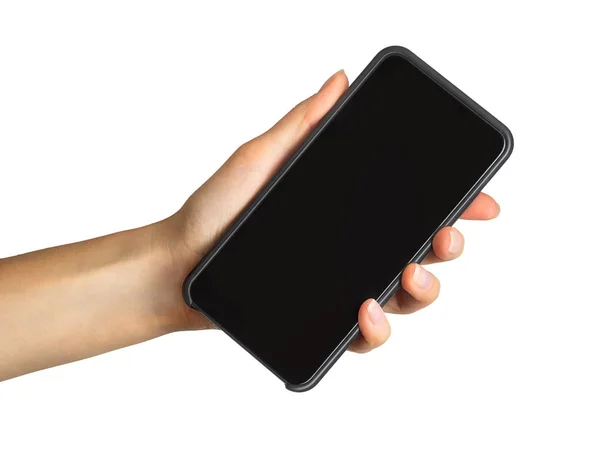 Kadın gösteren siyah smartphone, telefon alışveriş kavramı el