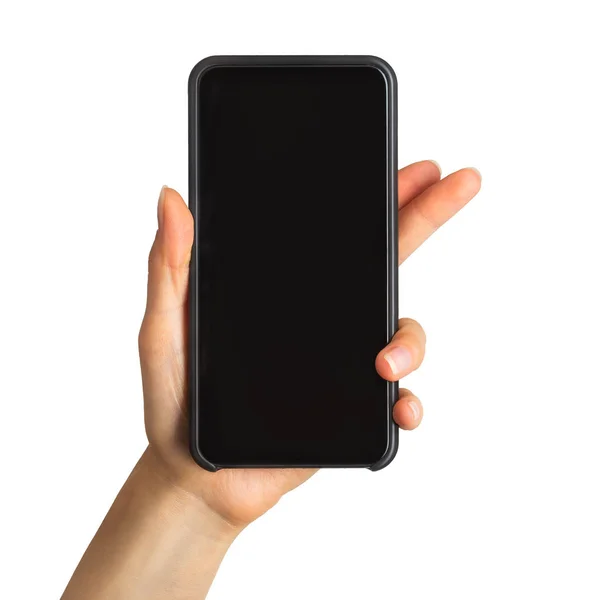 Женская рука показывает черный смартфон, концепция фотографирования — стоковое фото
