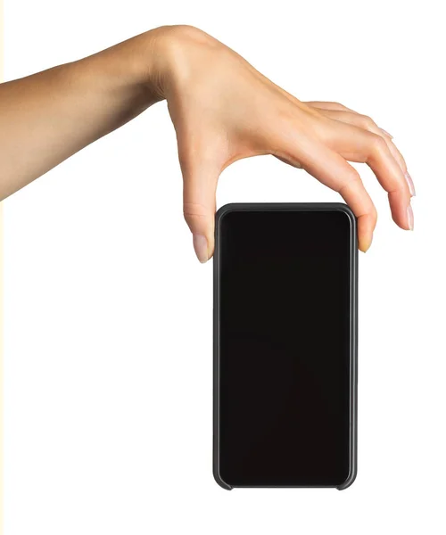 Женская рука показывает черный смартфон, концепцию мобильного шопинга — стоковое фото