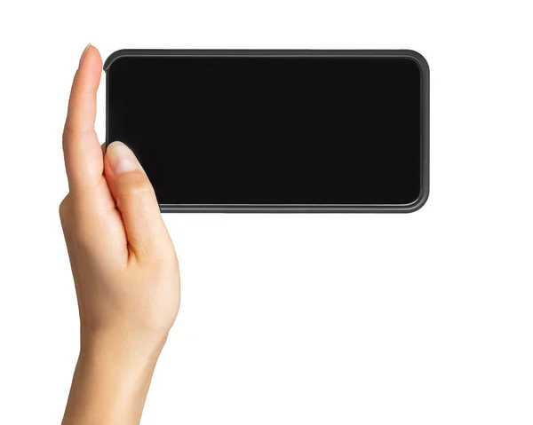 Mano de mujer mostrando teléfono inteligente negro, concepto de tomar fotos —  Fotos de Stock
