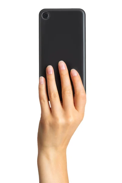 Жіноча рука, що показує чорний смартфон, концепція фотографування або селфі — стокове фото