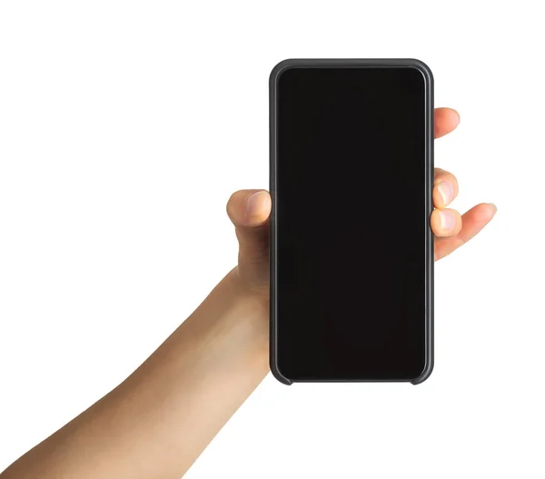 Γυναικείο χέρι δείχνει μαύρο smartphone, έννοια της κινητό ψώνια — Φωτογραφία Αρχείου