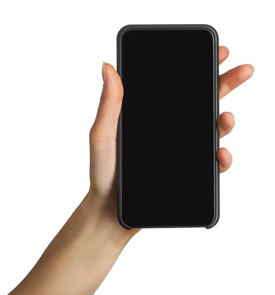 Frauenhand zeigt schwarzes Smartphone, Konzept des mobilen Einkaufs — Stockfoto