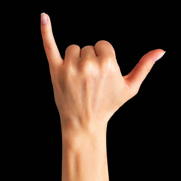 Kvinnelig hånd som viser tegn på Shaka eller surfer – stockfoto