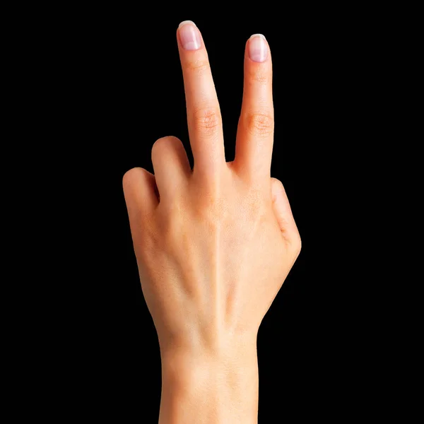 Mão feminina mostrando dois dedos no símbolo de paz — Fotografia de Stock