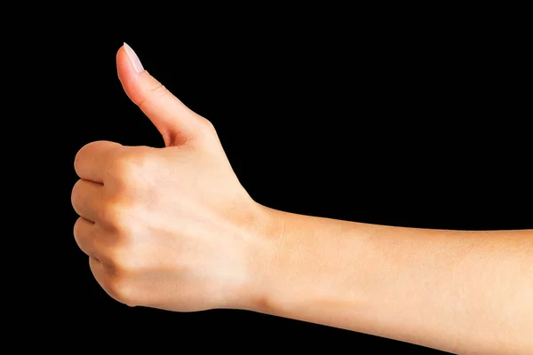 Mujer cogida de la mano en gesto de signo semejante, dando el pulgar hacia arriba — Foto de Stock