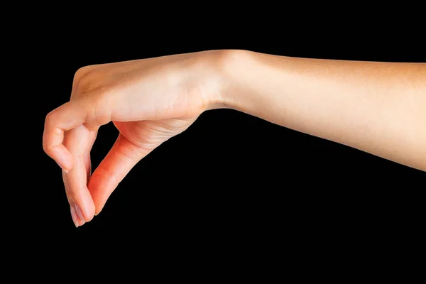 Mulher mão mostrando pegar pose ou segurando algo — Fotografia de Stock