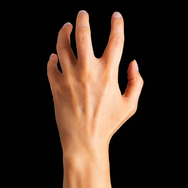 Main de femme avec des doigts tordus montrant tour de magie ou tenant la balle — Photo