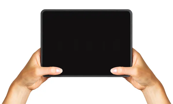 Dámské ruky zobrazeno černý tablet, pojem fotografie nebo selfie — Stock fotografie