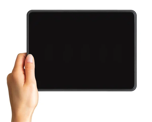Donna mano mostrando tablet nero, concetto di scattare foto o selfie — Foto Stock