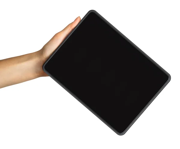 Mão das mulheres mostrando tablet preto, conceito de tirar foto ou selfie — Fotografia de Stock