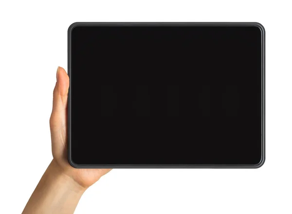 Donna mano mostrando tablet nero, concetto di scattare foto o selfie — Foto Stock