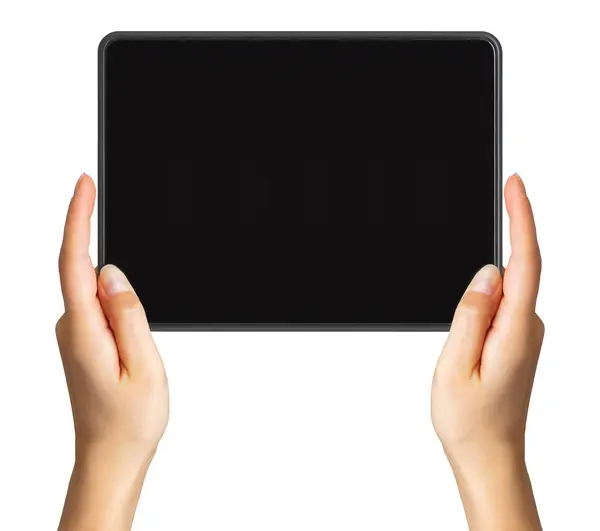 Donna mano mostrando tablet nero, concetto di scattare foto o selfie — Foto Stock