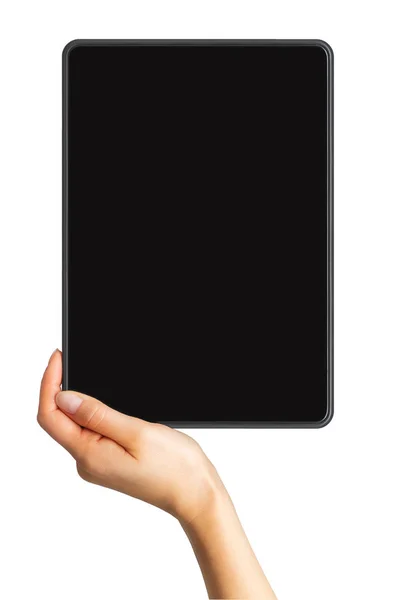 Fingere di tablet nero e mano delle donne, concetto di shopping mobile — Foto Stock