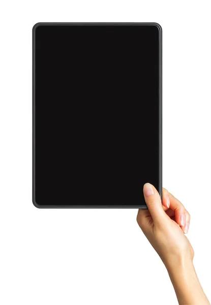 Mão das mulheres mostrando tablet preto, conceito de tirar foto ou selfie — Fotografia de Stock